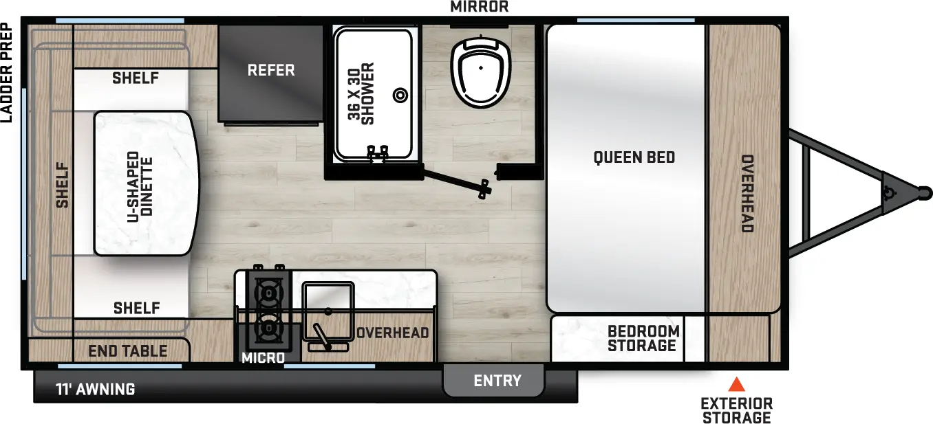 The Catalina Summit Series 7 154RDX floorplan has one entry and zero slide outs. Exterior features include: metal exterior and 11' awning. Interiors features include: u-dinette and front bedroom.